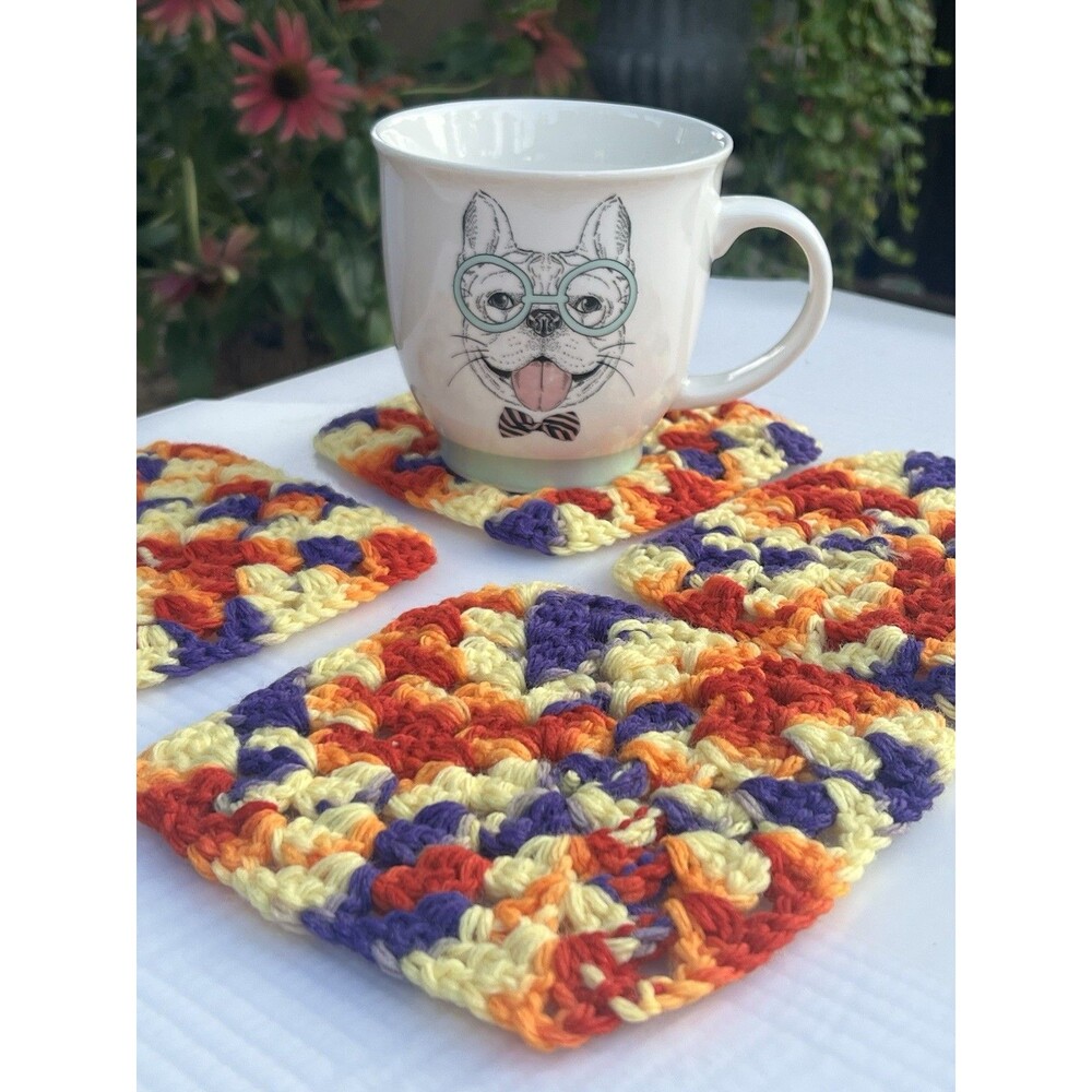 Handmade Crochet Coasters Set of 4 Retro Granny Square Dopamine Decor Cottagecor